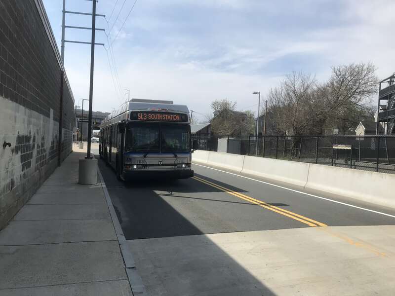 An inbound MBTA Silver Line bus at Bellingham Square station in April 2021