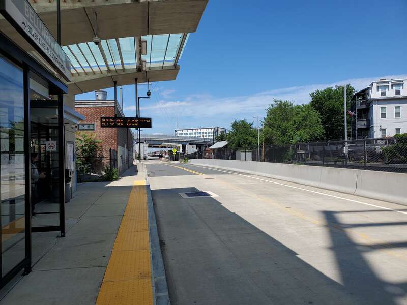 The inbound bus platform at Bellingham Square station in July 2021