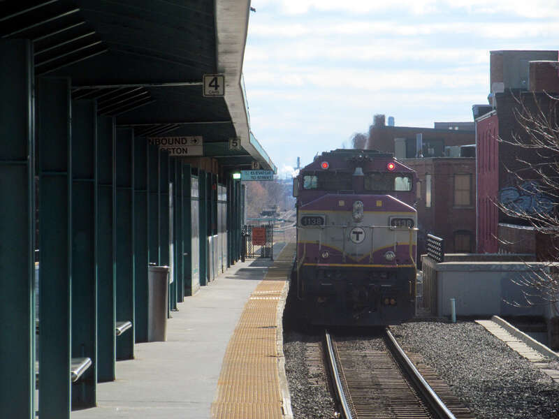 An inbound train leaving Lynn station in April 2015