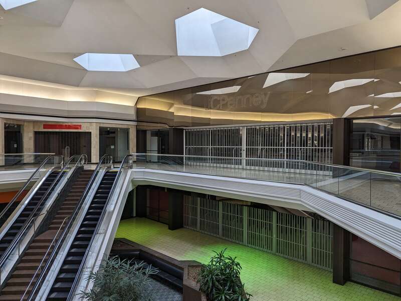 The ghost of the sign of JCPenney is still visible even though the department store is closed for good. The rest of Lakeforest Mall is closing in March of 2023. 701 Russell Avenue, Gaithersburg, Maryland.