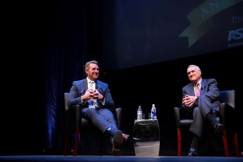 U.S. Senator Jeff Flake and former U.S. Senator Jon Kyl speaking at the 2018 John J. Rhodes Lecture hosted by Barrett, the Honors College at Arizona State University at the Galvin Playhouse in Tempe, Arizona.

Please attribute to Gage Skidmore if
