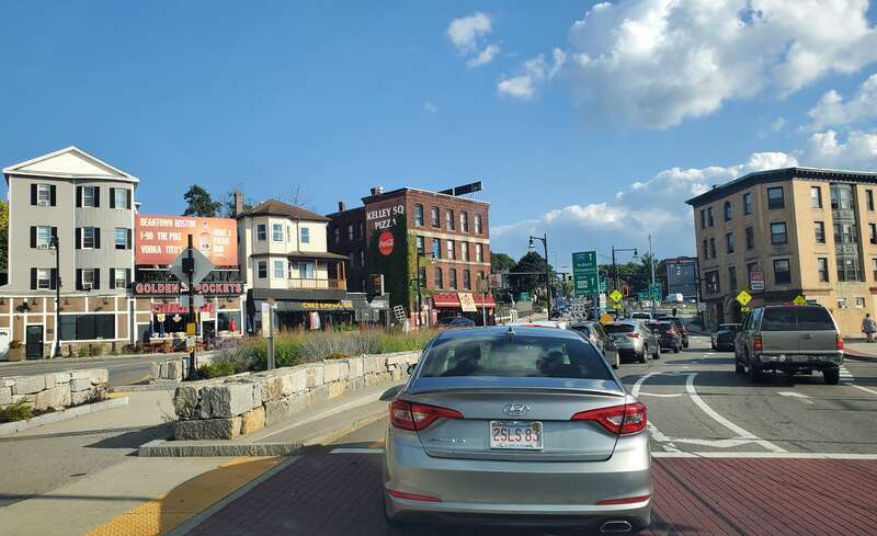The peanut-shaped roundabout at Kelley Square seen in September 2024