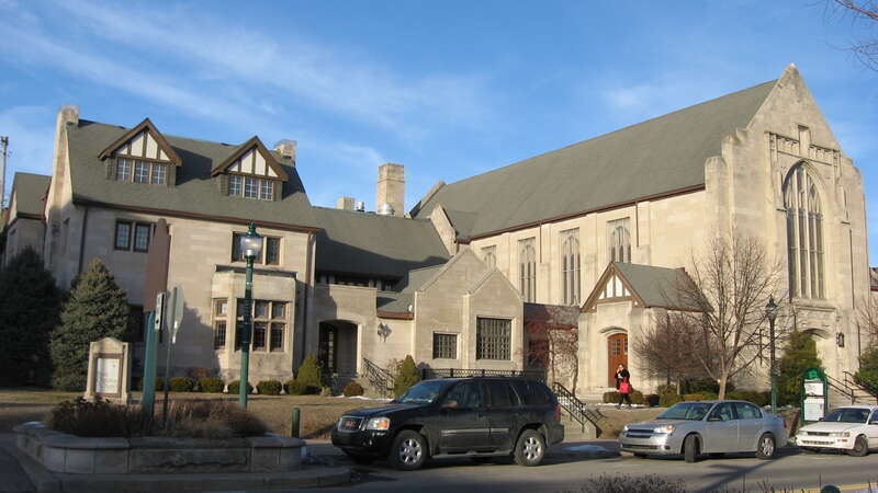 Front of First Christian Church, located at 205 E. Kirkwood Avenue in Bloomington, Indiana, United States.  Built in 1919, it is part of the locally-designated Old Library Historic District.