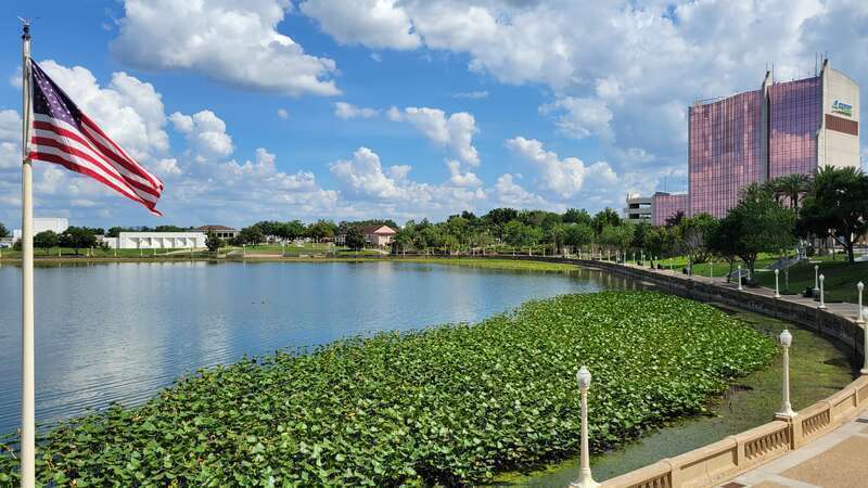 Lake Mirror Promenade with Lakeland Electric Building in the background in Lakeland, Florida