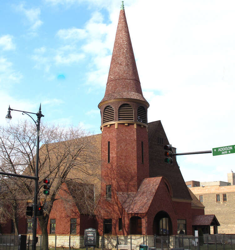 Lake View Presbyterian Church, 716 West Addison Street, Chicago, IL 60613.  See its history at [1] John Welbourne Root was the architect. Completed in 1888