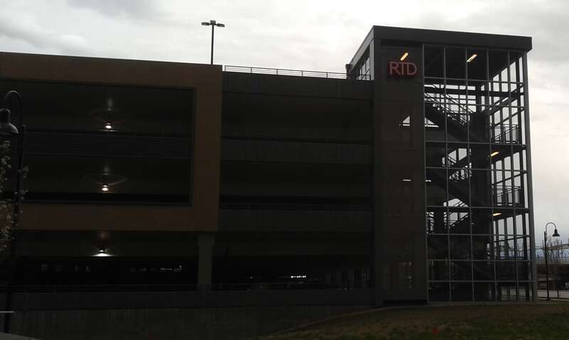 Lakewood-Wadsworth Station garage, north facade, west corner