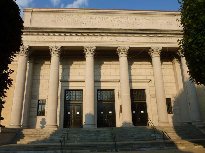 The main entrance of Lowell Memorial Auditorium.  Located at 50 East Merrimack Street, Lowell, Massachusetts.