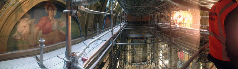Restoration/conservation work being done on the lunette paintings located over the West Grand Staircase at the Minnesota State Capitol.