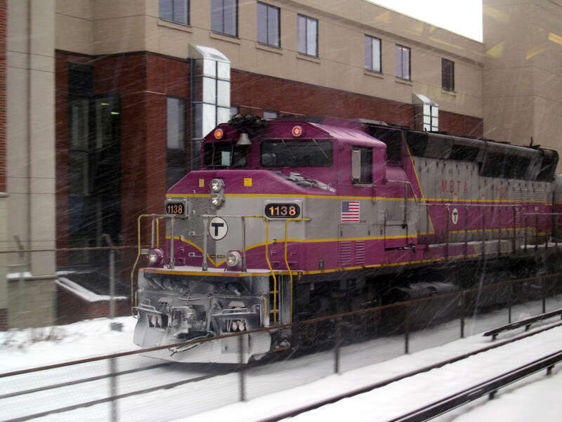 MBTA locomotives #1138 pushes an inbound Haverhill Line train near Malden Center station