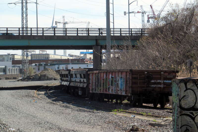 MBTA gravel cars at Everett Junction (the former junction of the Saugus Branch) in April 2017