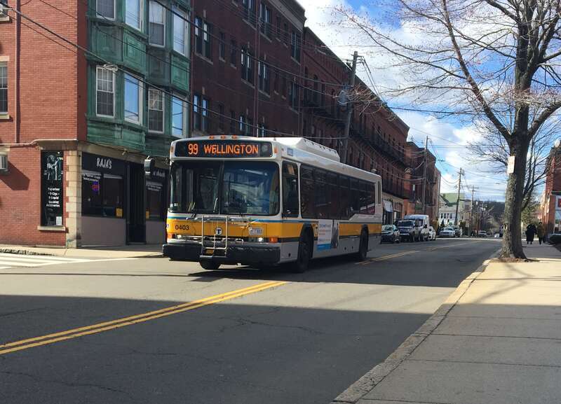 MBTA route 99 bus on Summer Street in April 2018