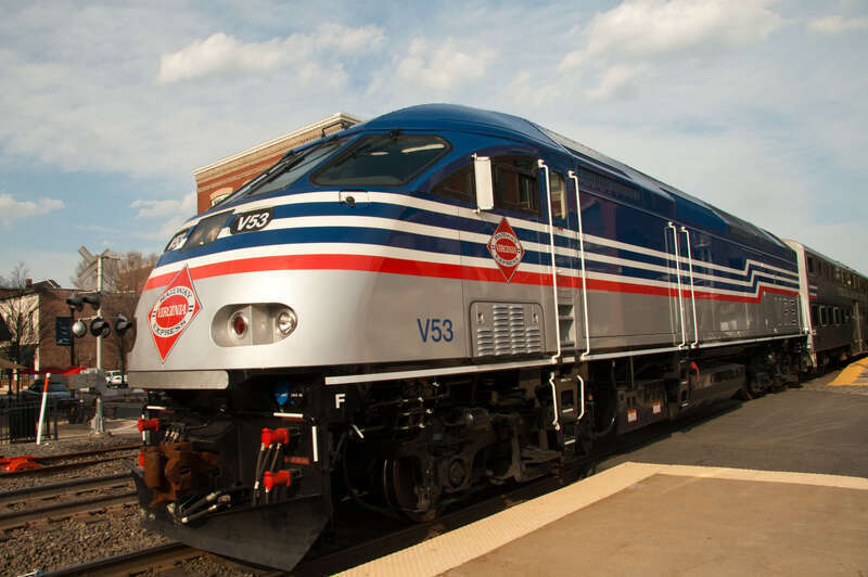 One of VRE's new MP36PH-3C engines slows to a stop in Manassas, VA.  Train #327 left Washington, DC's Union Station a little over an hour earlier.  The commuter line operates Monday through Friday.