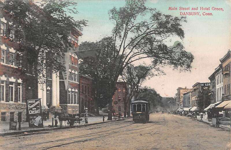 Divided back postcard of Main Street and Hotel Green in Danbury, Connecticut, postmarked 1909