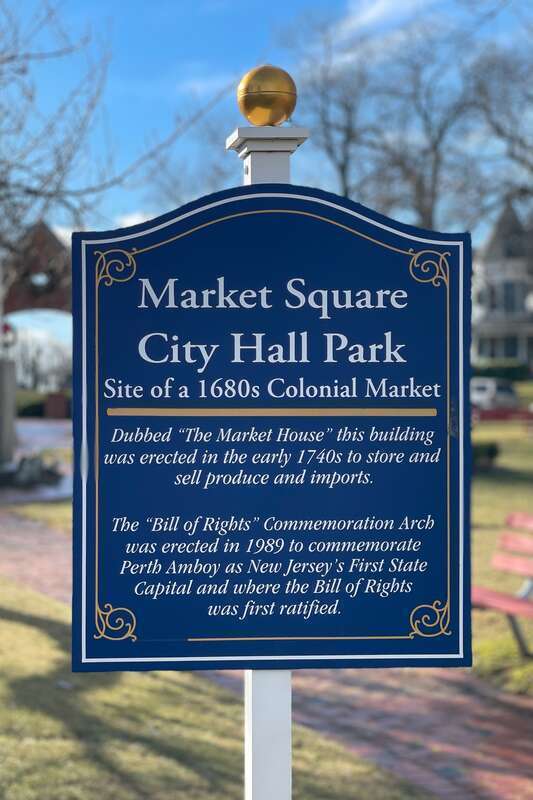 Historical information sign about Market Square / City Hall Park in Perth Amboy, New Jersey.