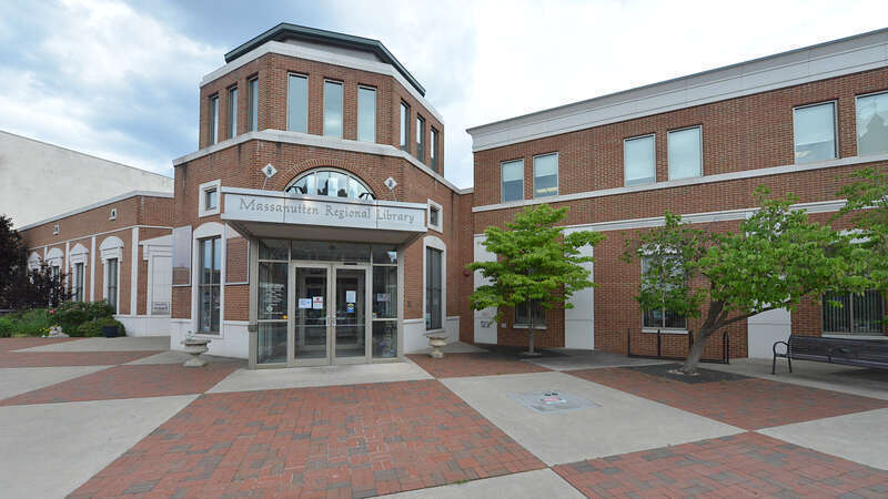 The entrance to Massanuttten Regional library, 174 South Main Street, Harrisonburg, Virginia.