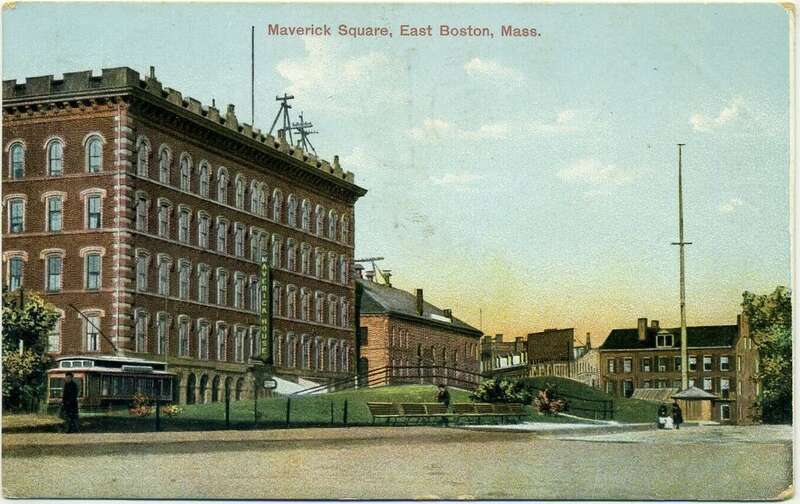 Divided back postcard of Maverick Square showing the backside of the incline to the East Boston Tunnel, postmarked 1909