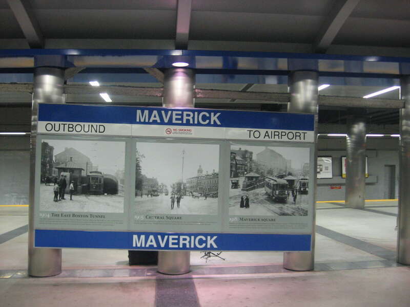 Station sign at Maverick station on the MBTA Blue Line. Three old b&amp;amp;w images on the sign (all from before 1923).