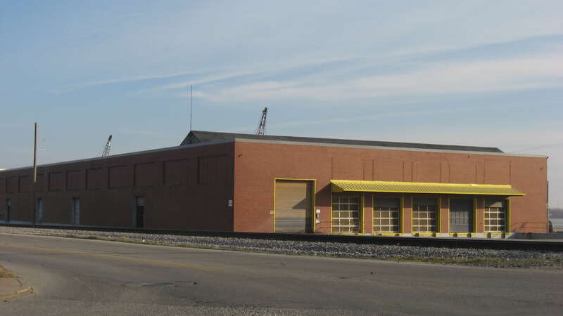 Western end of the Mead Johnson River-Rail-Truck Warehouse, located at 1830 W. Ohio Street in Evansville, Indiana, United States.  Built in 1931, the complex is listed on the National Register of Historic Places.