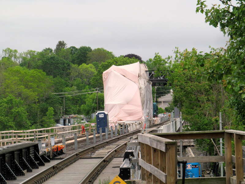 Merrimack River Bridge in May 2017 during rehabilitation work, viewed from Haverhill station