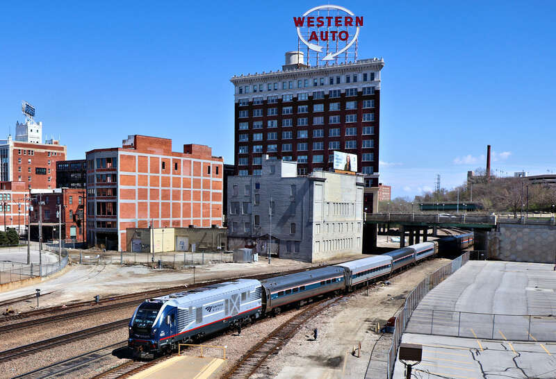 Amtrak Missouri River Runner pulling into Union Station passed the Western Auto Sign on the Kansas City Terminal Railway in Kansas City, Missouri
Photo Taken: 3-28-20 at 1:43 pm

Picture ID# 6757