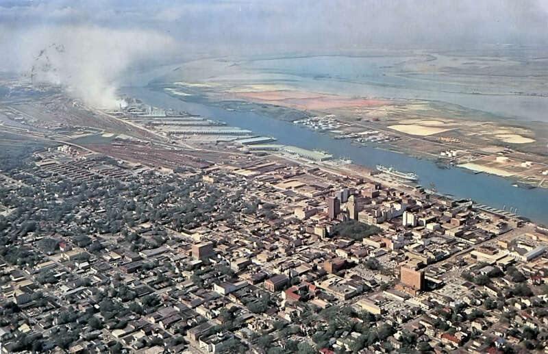 RPPC of Aerial view of Mobile and the Delta about 1961, Published by Thigpen Photocolor of Mobile Al. Photo by Roy Thigpen.
