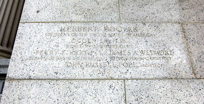 The cornerstone of the National Archives Building located at 700 Pennsylvania Avenue, N.W., on the National Mall in Washington, D.C.  Built 1931–37 to the designs of noted architect John Russell Pope, the Neoclassical building was listed on the