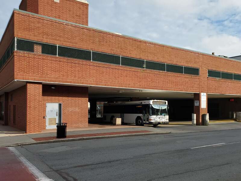 SRTA route 3 bus exiting the New Bedford bus terminal in October 2020