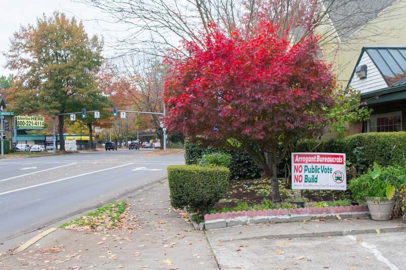 A sign protesting the proposed EMX construction project in Eugene, Oregon
