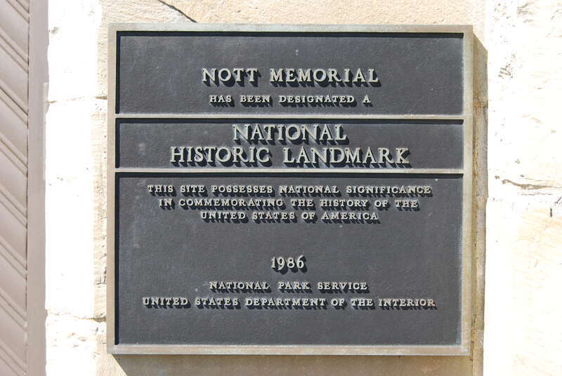 NHL plaque on the Nott Memorial Hall, built in 1858 on the campus of Union College in Schenectady, New York, United States, commemorates Eliphalet Nott, president of Union from 1804 to 1866 (for which he became, and still remains, the longest serving