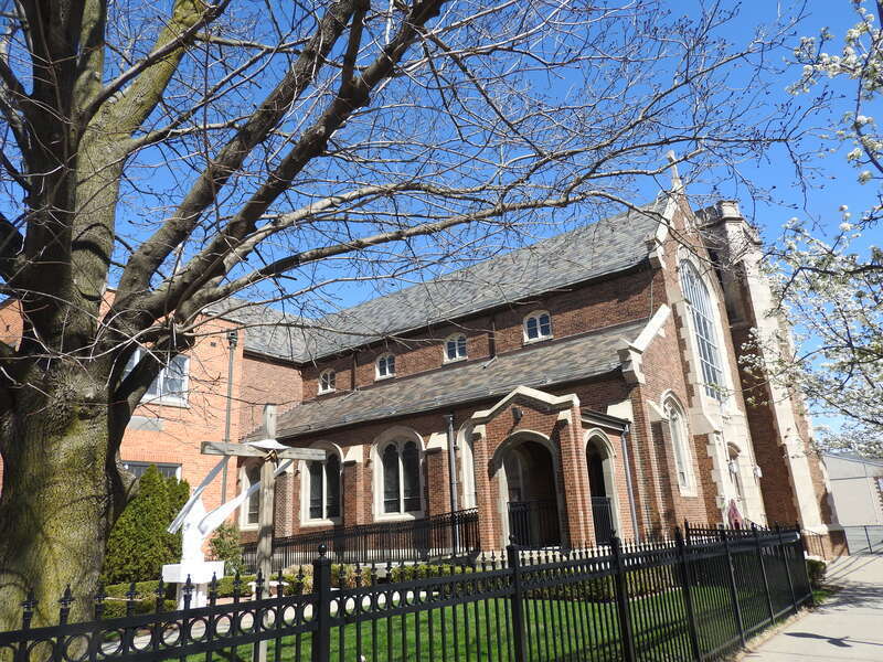 Looking east at church
