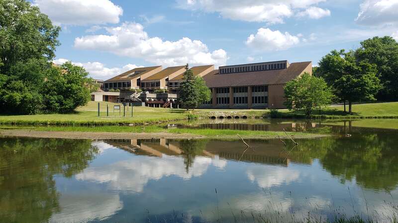 Oakland Community College's Orchard Ridge campus, seen facing south from across the pond on campus.