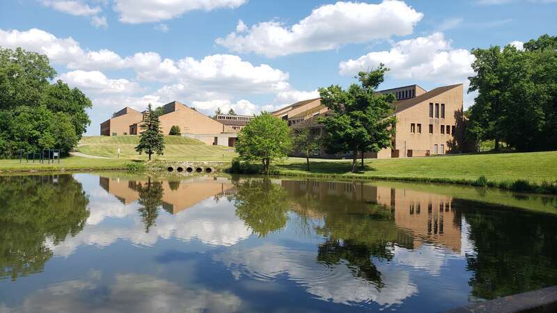 Oakland Community College's Orchard Ridge campus, seen facing southeast from across the pond on campus.
