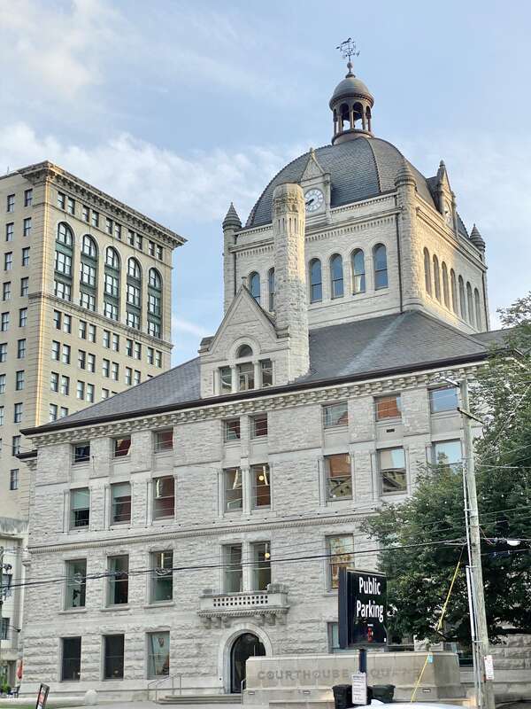 Built in 1898-1900, this Richardsonian Romanesque Revival-style building was designed by Lehman and Schmitt to serve as the Fayette County Courthouse, and is the fifth courthouse to serve Fayette County, replacing a previous courthouse, built in