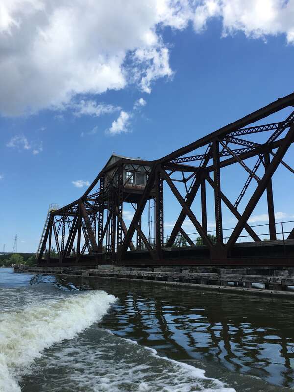 This old bridge structure is located on the Fox River in Green Bay, WI.