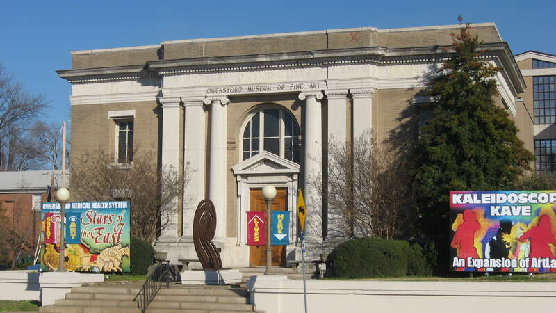 Front of the Owensboro Carnegie Library (now an art museum), located at 901 Frederica Street (Kentucky Route 2831) in Owensboro, Kentucky, United States.  Built in 1909, it is listed on the National Register of Historic Places.  While the artwork in