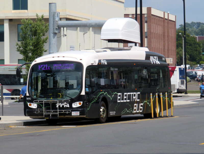 PVTA electric bus charging at Springfield Union Station in August 2018