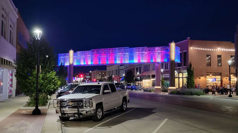 Decorative structures over pedestrian crossing locations in downtown Salina, Kansas