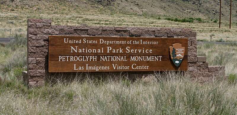 Entrance sign for the visitor center at the Petroglyph National Monument in Albuquerque, New Mexico, USA.