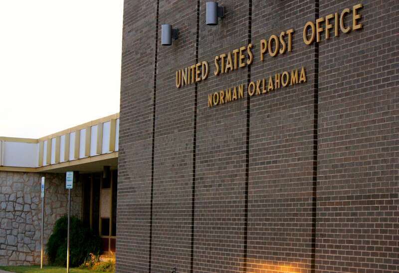 The modern post office serving Norman, Oklahoma, located at 129 W. Gray St.