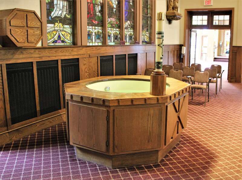 The baptismal font in the Pro-Cathedral of St. Mary in Bismarck, North Dakota.