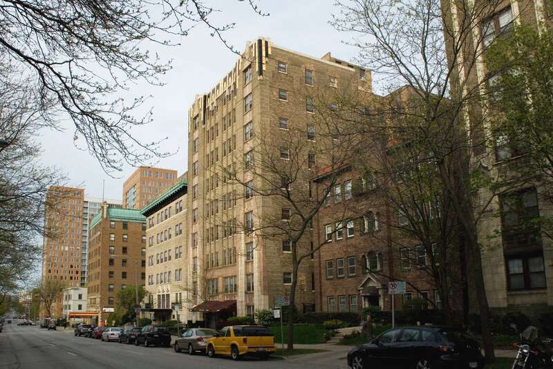 Prospect Avenue Apartment Buildings Historic District, Milwaukee, Wisconsin. National Registered Historic Place. The building on the left, with the yellow and red awning is the Shorecrest Hotel. To the right are the Carlton, Park Lane, Waterford and