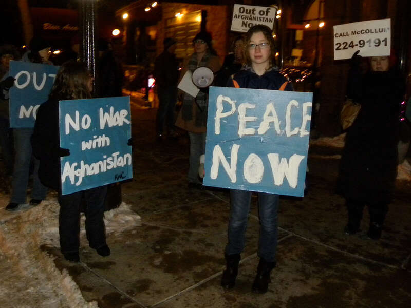 On December 17, 2009 there was a protest against the war in Afghanistan outside the St. Paul office of Representative Betty McCollum who supports President Obama’s call to send an additional 30,000 troops to Afghanistan and has proposed a tax to pay