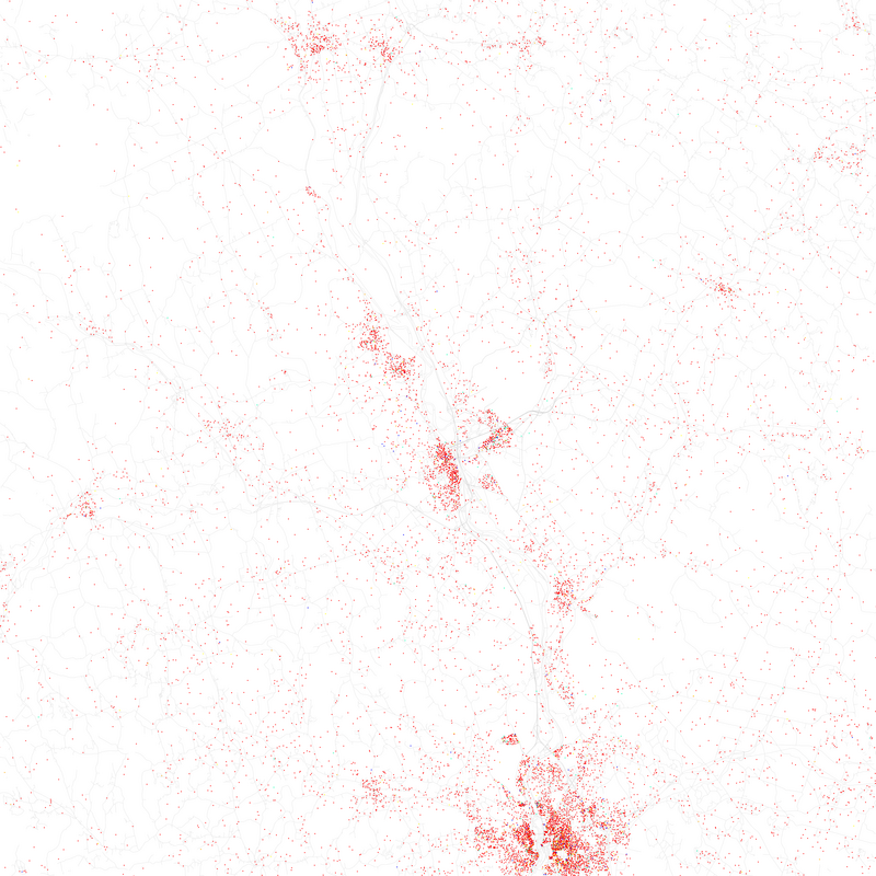 Maps of racial and ethnic divisions in US cities, inspired by Bill Rankin's map of Chicago, updated for Census 2010.
Red is White, Blue is Black, Green is Asian, Orange is Hispanic, Yellow is Other, and each dot is 25 residents.

Data from Census