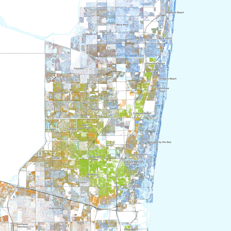 Map of the distribution of races and ethnicities in US cities, inspired by similar maps created by Dustin Cable and others.
Blue is White, Green is Black, Red is Asian, Orange is Hispanic, Purple is Multiracial, and Brown is Native American/Other.