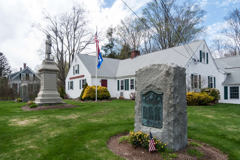 Raynham Public Library, with war memorials. Raynham Town Center, Massachusetts