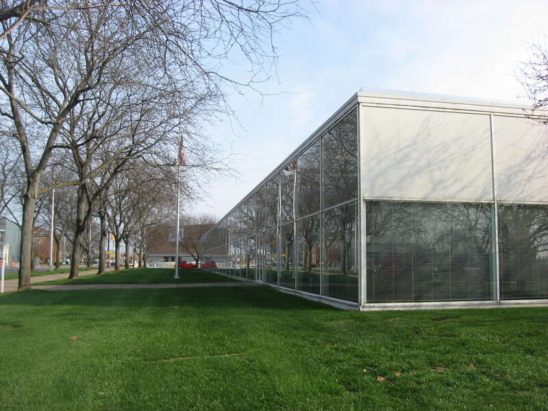 Looking eastward along the front of the offices of The Republic, located at 333 Second Street (State Road 46) in Columbus, Indiana, United States.  Built in 1971, it has been designated a National Historic Landmark.