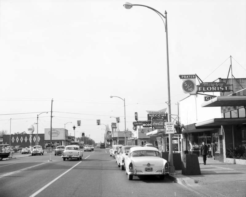 SW 152nd Street, Burien, Washington, looking west from 6th Avenue SW, circa 1960. This photo came from the Seattle Municipal Archives, who presumably had it because municipally owned Seattle City Light also serves Burien and several other small