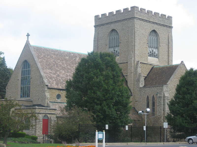 Front and southern side of St. John's Episcopal Church, located at 323 Wick Avenue in Youngstown, Ohio, United States.  Built in 1898, it is listed on the National Register of Historic Places.