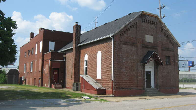 Front and southwestern side of Salem's Baptist Church, located at 728 Court Street in Evansville, Indiana, United States.  Built in 1873, it is listed on the National Register of Historic Places.