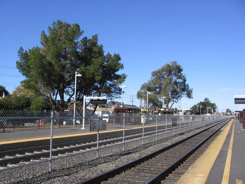 This is the temporary San Bruno (Caltrain station) in San Bruno, California, USA.  This temporary station has been in use since October 2010 while the new station along the elevated overpass of Angus, San Mateo, and San Bruno Avenues is under